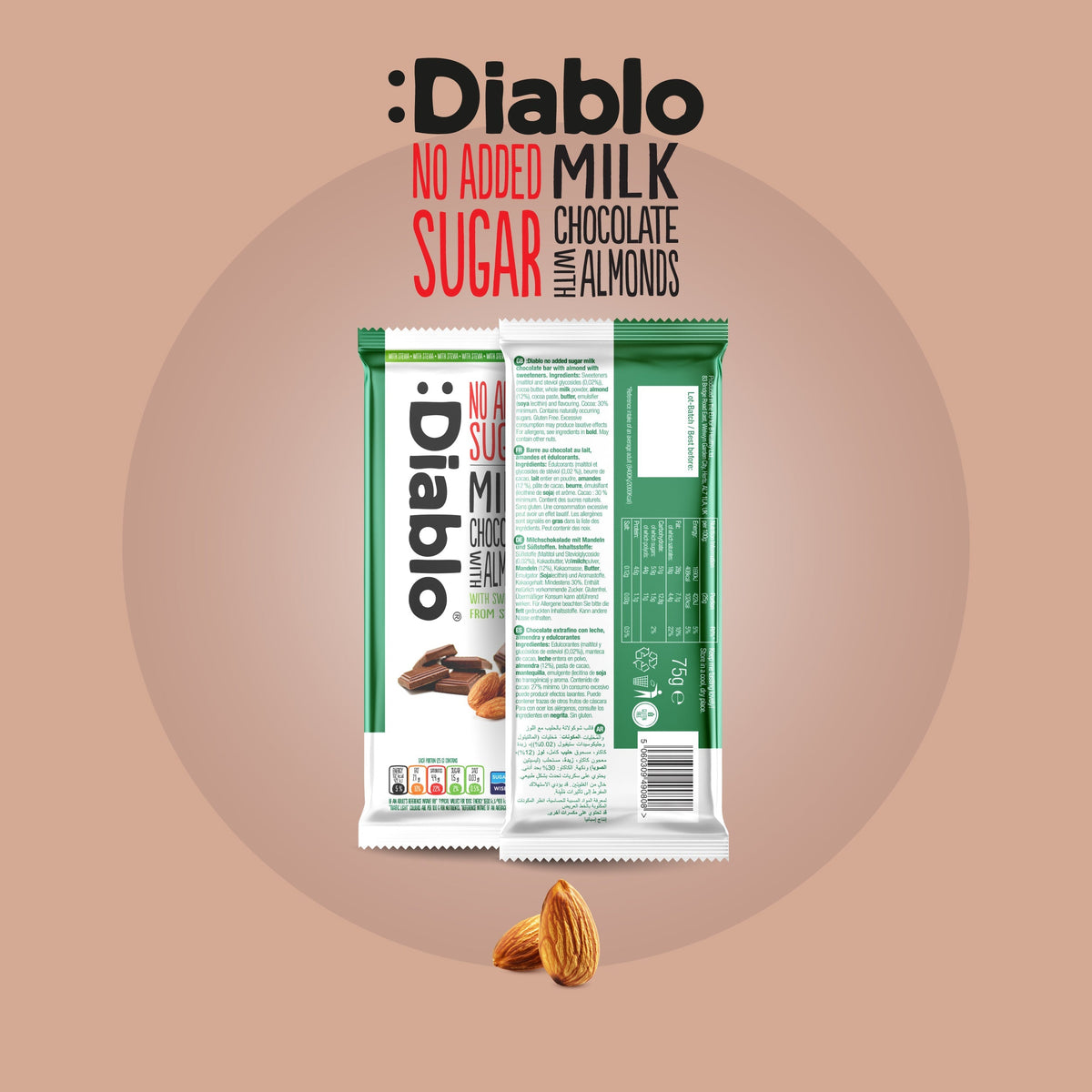 Milk Chocolate with Almonds with Stevia (75g) Diablo Sugar Free