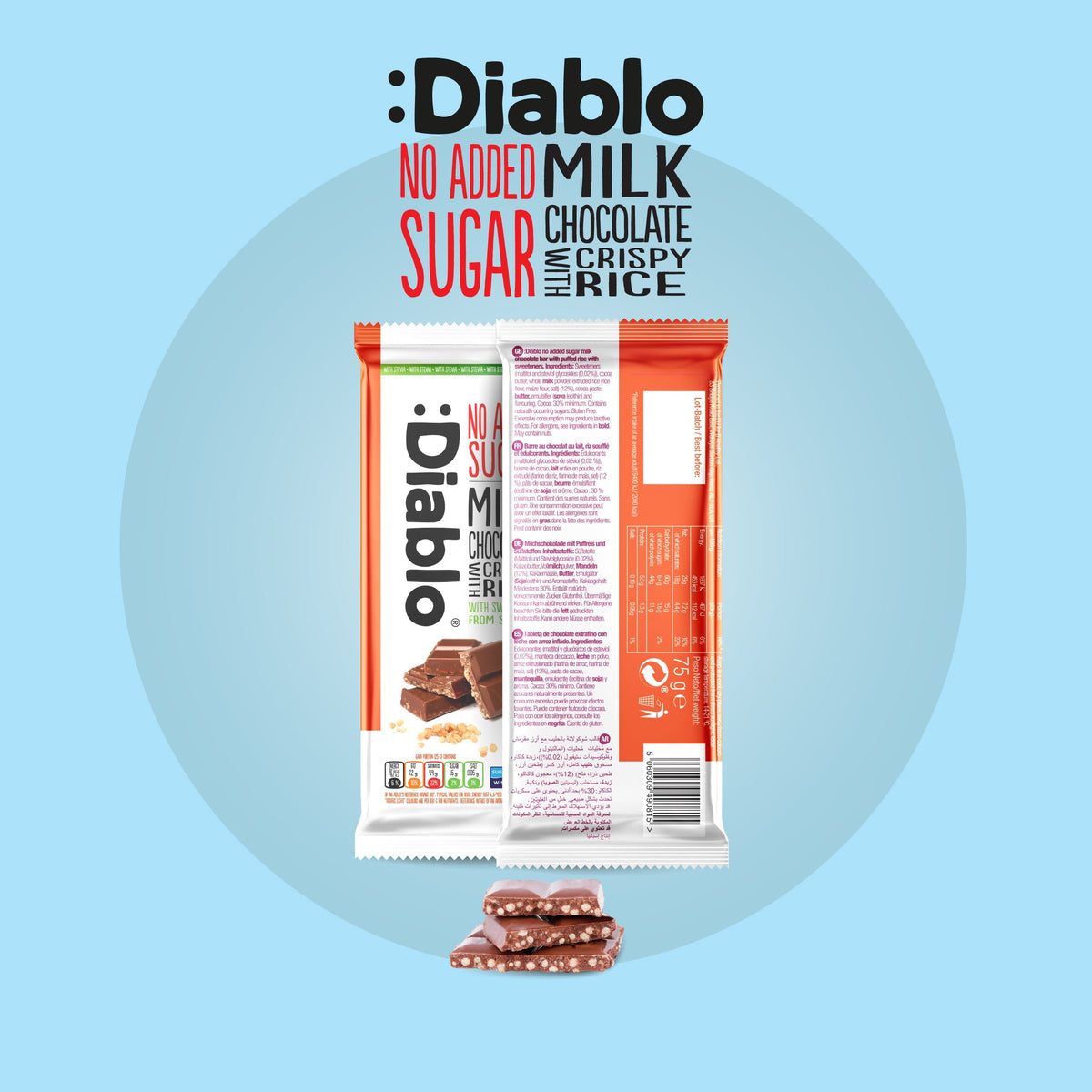 Milk Chocolate with Crispy Rice with Stevia (75g) Diablo Sugar Free