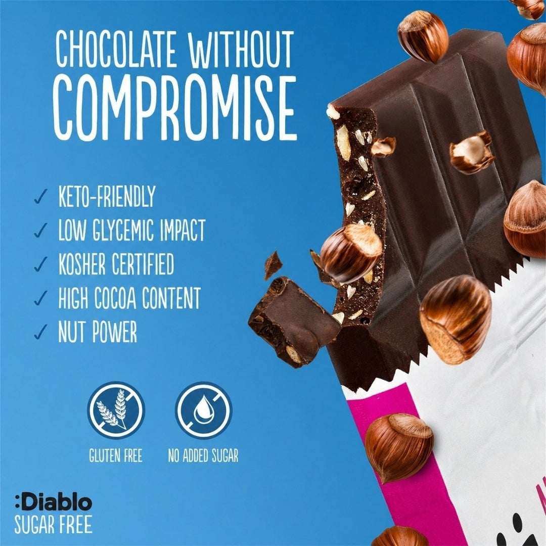 No Added Sugar Dark Chocolate with Hazelnuts Maltitol  (85g) Diablo Sugar Free