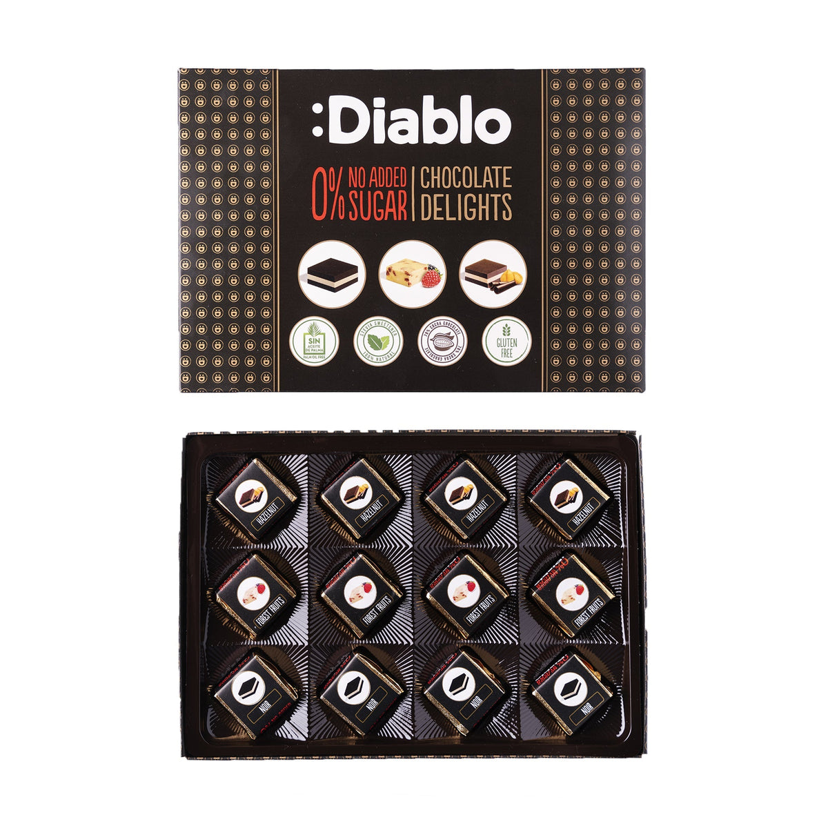 Delight No Added Sugar Chocolate Box Noir, Hazelnut, Forrest Fruit  (12 pieces, 115g) Diablo Sugar Free