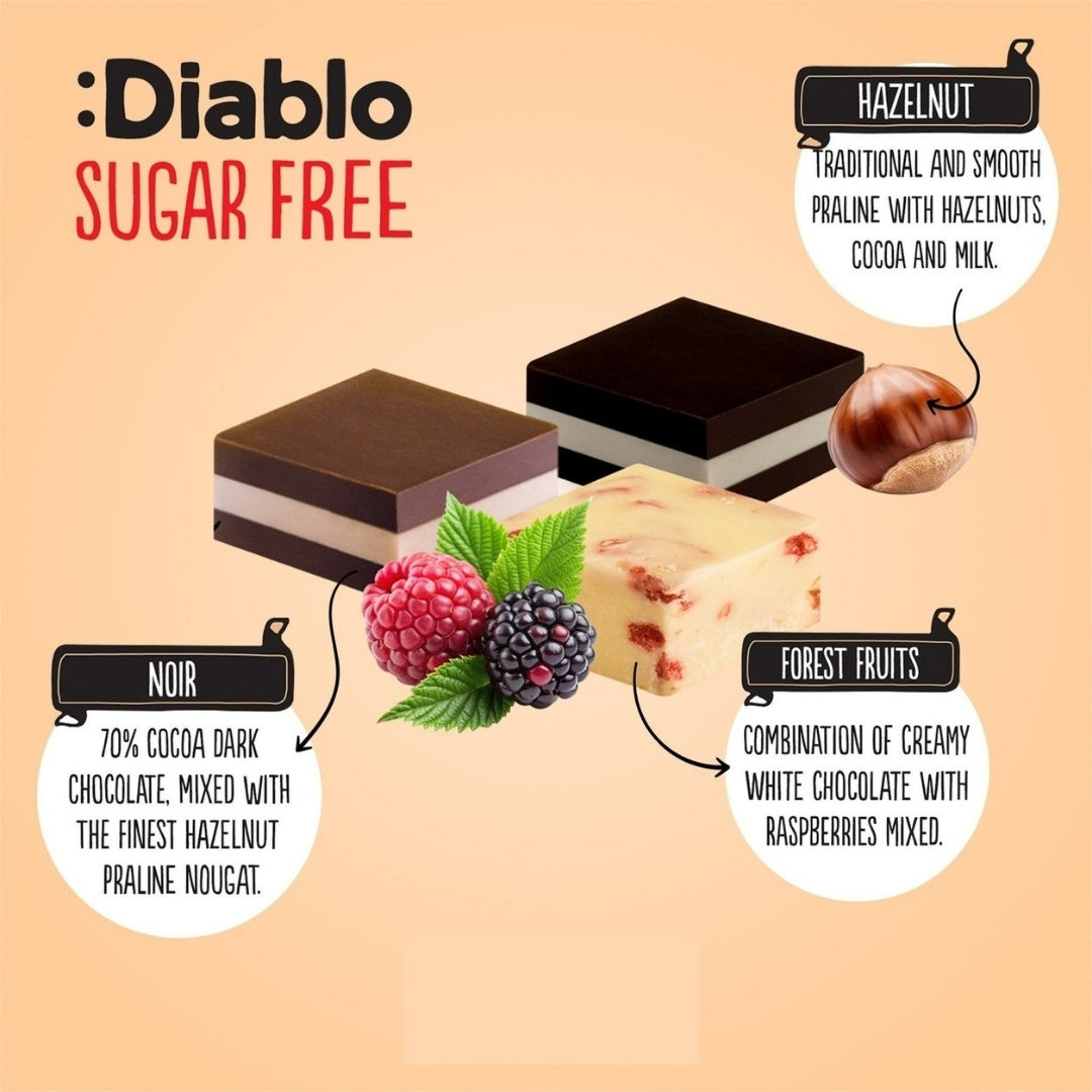Delight No Added Sugar Chocolate Box Noir, Hazelnut, Forrest Fruit  (12 pieces, 115g) Diablo Sugar Free