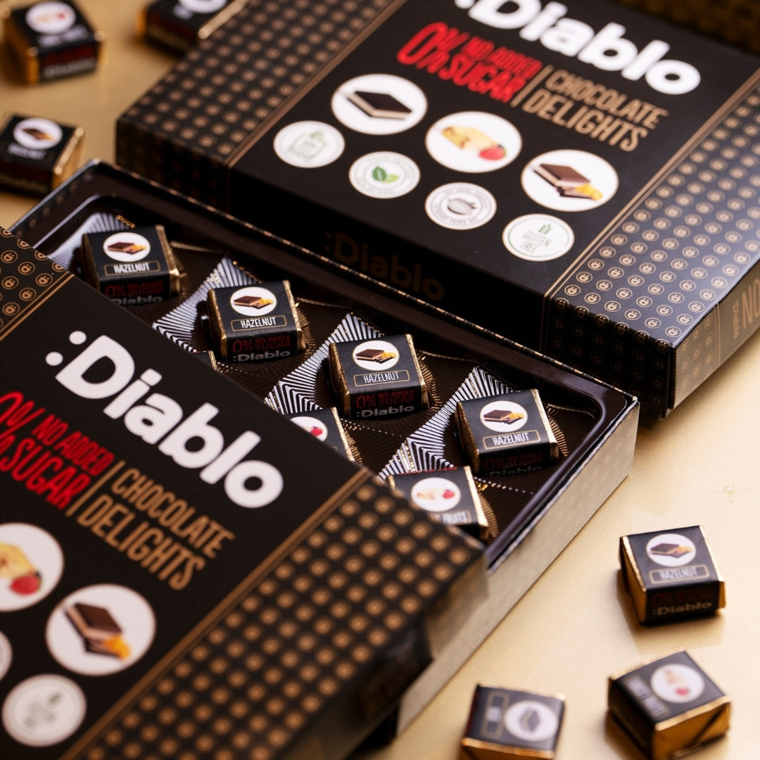 Delight No Added Sugar Chocolate Box Noir, Hazelnut, Forrest Fruit  (12 pieces, 115g) Diablo Sugar Free