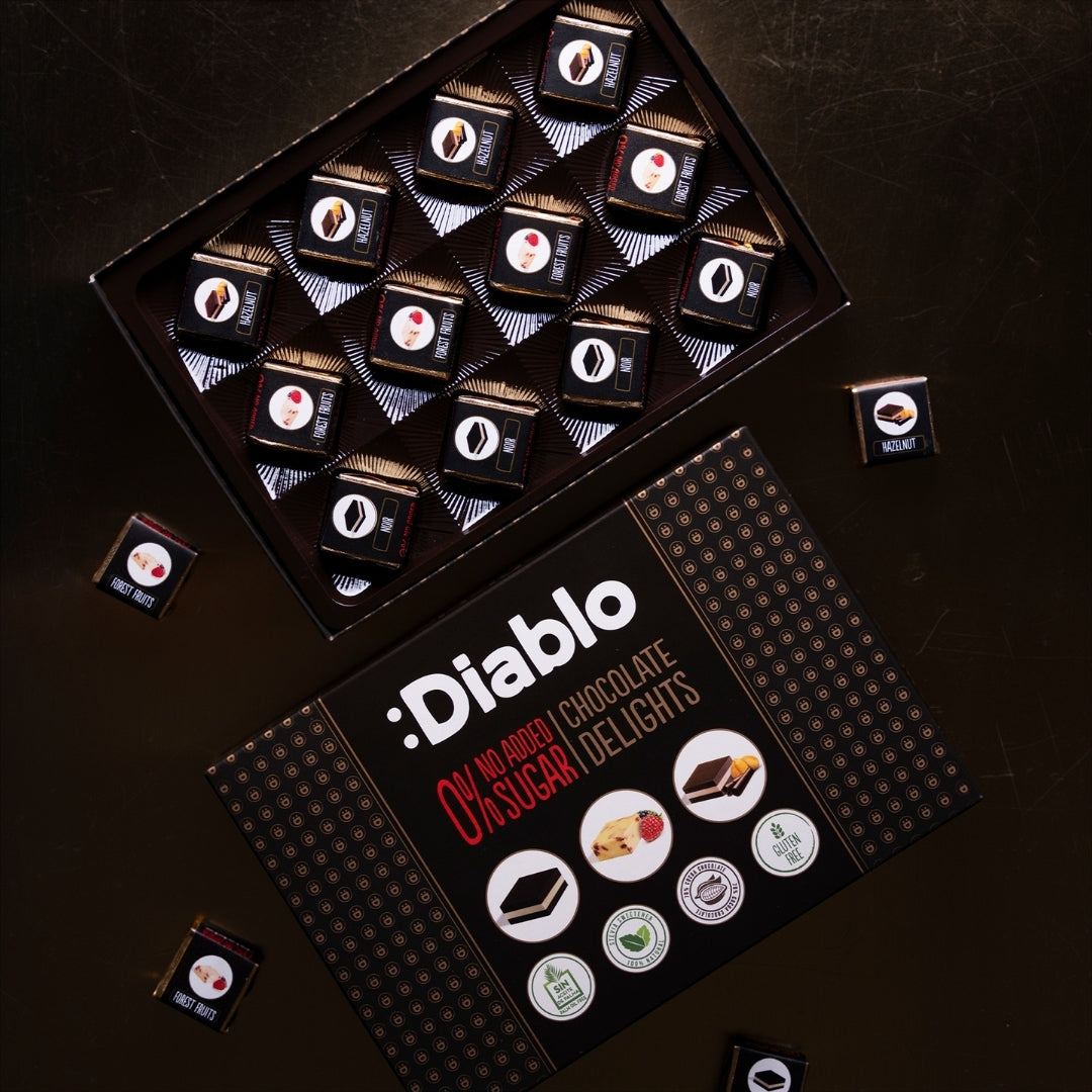 Delight No Added Sugar Chocolate Box Noir, Hazelnut, Forrest Fruit  (12 pieces, 115g) Diablo Sugar Free