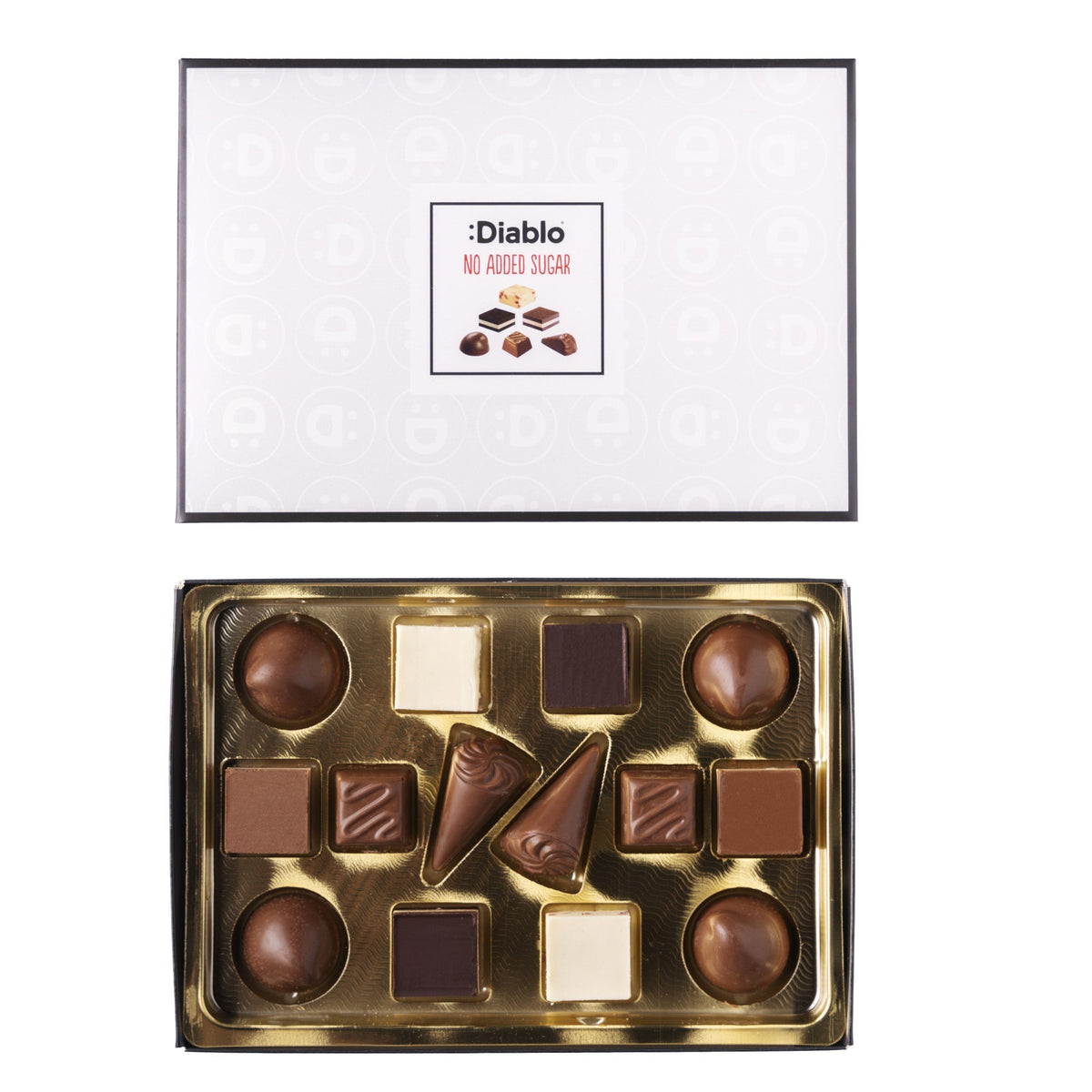 Luxury No Added Sugar Chocolate Box Noir, Hazelnut, Forrest Fruit, Cocoa Cream, Praline, Coffee  (14 pieces, 142g) Diablo Sugar Free