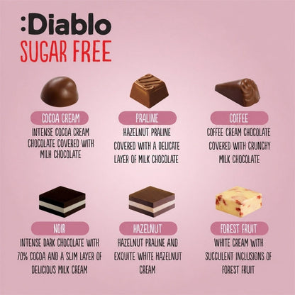 Luxury No Added Sugar Chocolate Box Noir, Hazelnut, Forrest Fruit, Cocoa Cream, Praline, Coffee  (14 pieces, 142g) Diablo Sugar Free