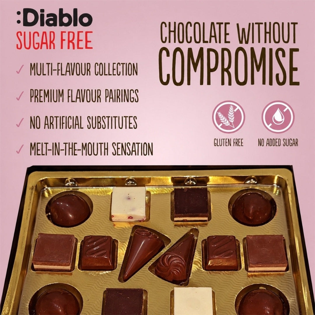Luxury No Added Sugar Chocolate Box Noir, Hazelnut, Forrest Fruit, Cocoa Cream, Praline, Coffee  (14 pieces, 142g) Diablo Sugar Free