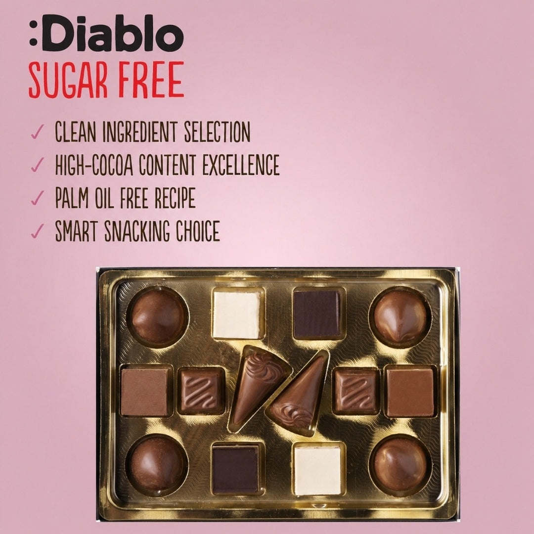Luxury No Added Sugar Chocolate Box Noir, Hazelnut, Forrest Fruit, Cocoa Cream, Praline, Coffee  (14 pieces, 142g) Diablo Sugar Free