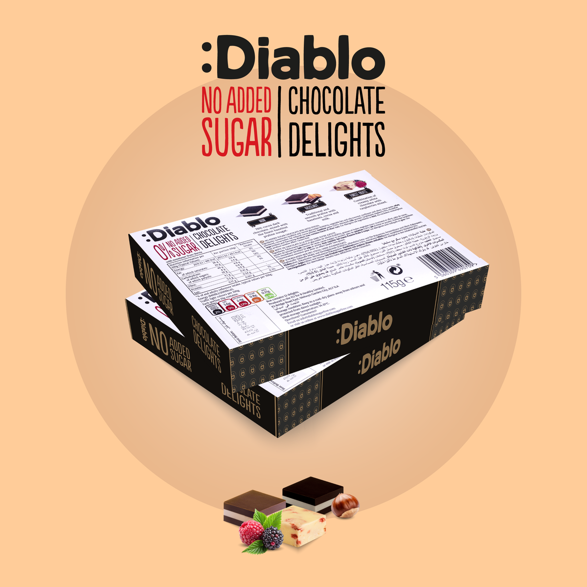 Delight No Added Sugar Chocolate Box Noir, Hazelnut, Forrest Fruit  (12 pieces, 115g) Diablo Sugar Free