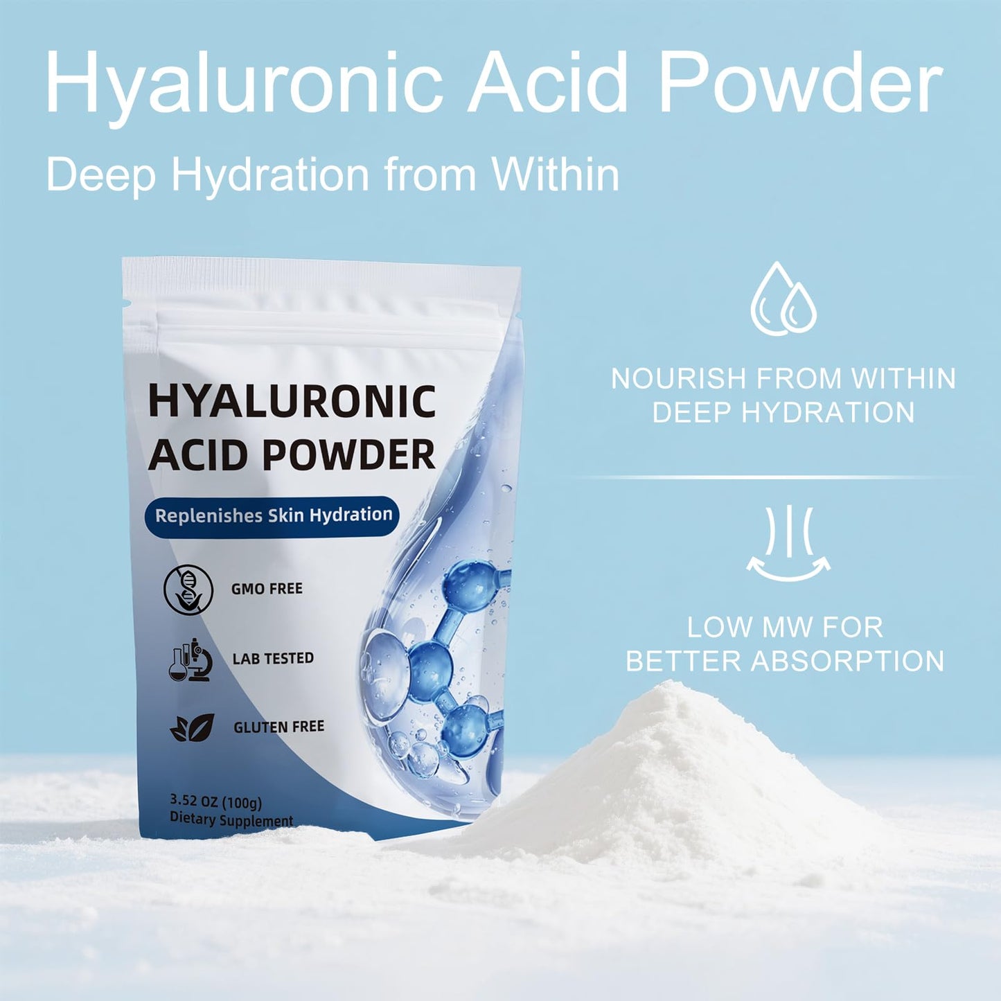 CHZHEN Hyaluronic Acid Powder 100g – Low Molecular Weight, Cosmetics Grade, Vegan & Water-Soluble