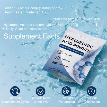 CHZHEN Hyaluronic Acid Powder 100g – Low Molecular Weight, Cosmetics Grade, Vegan & Water-Soluble