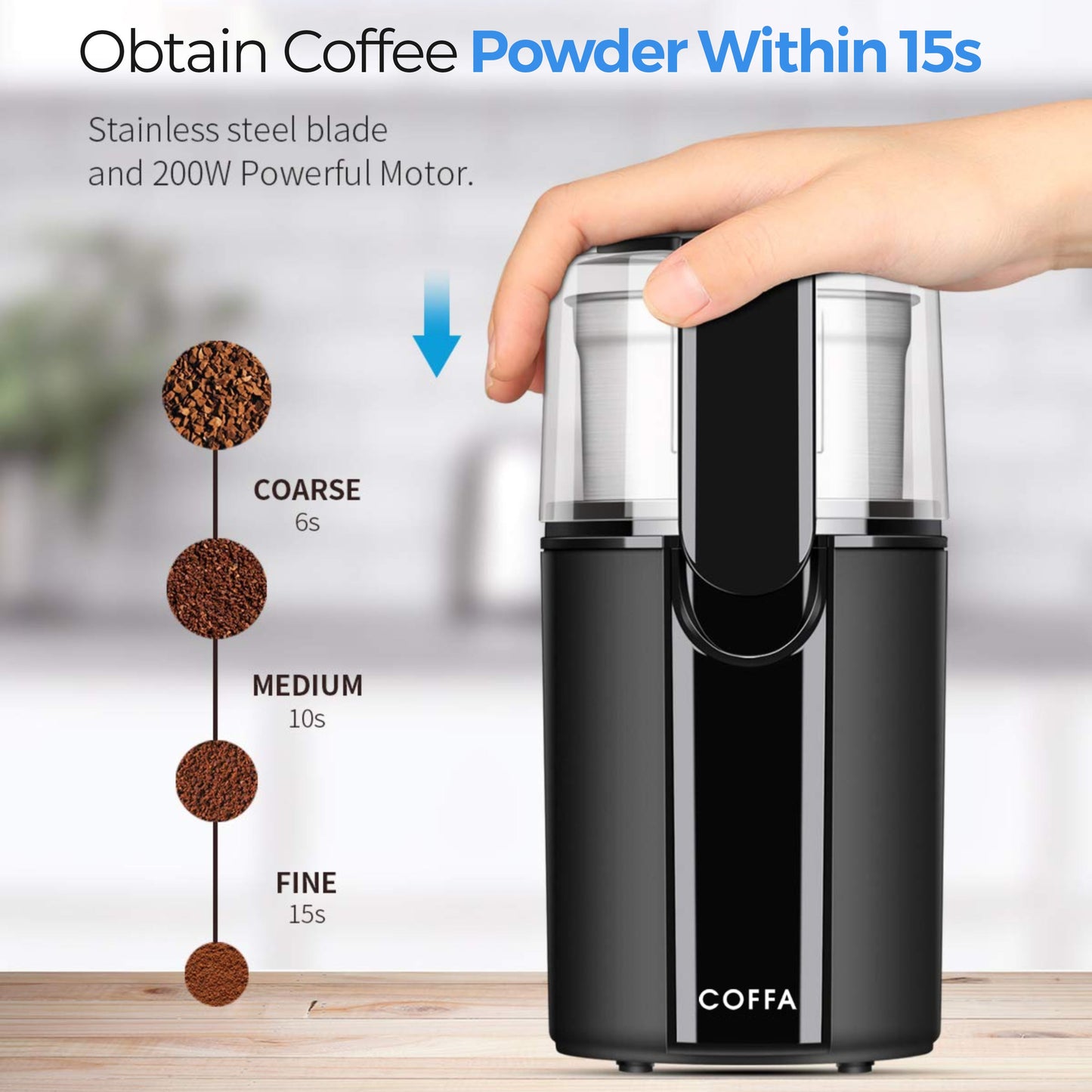 Electric Coffee Grinder 200W 70g with 2 Stainless Steel Bowls Wet & Dry COFFA
