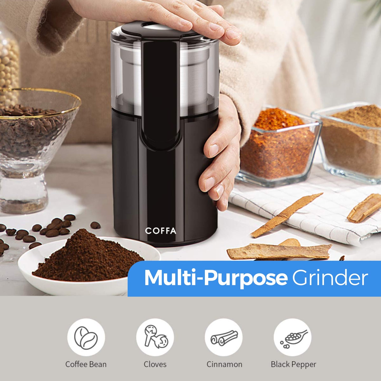 Electric Coffee Grinder 200W 70g with 2 Stainless Steel Bowls Wet & Dry COFFA