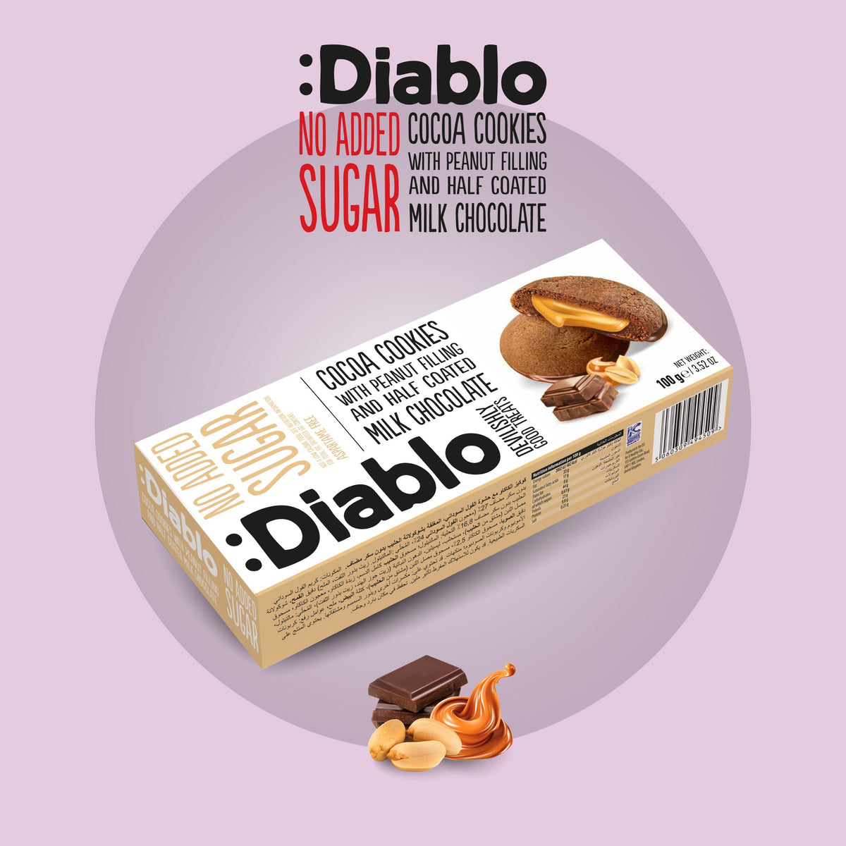 Cocoa Cookies with Peanut Filling and Half Coated Milk Chocolate (110g) Diablo Sugar Free