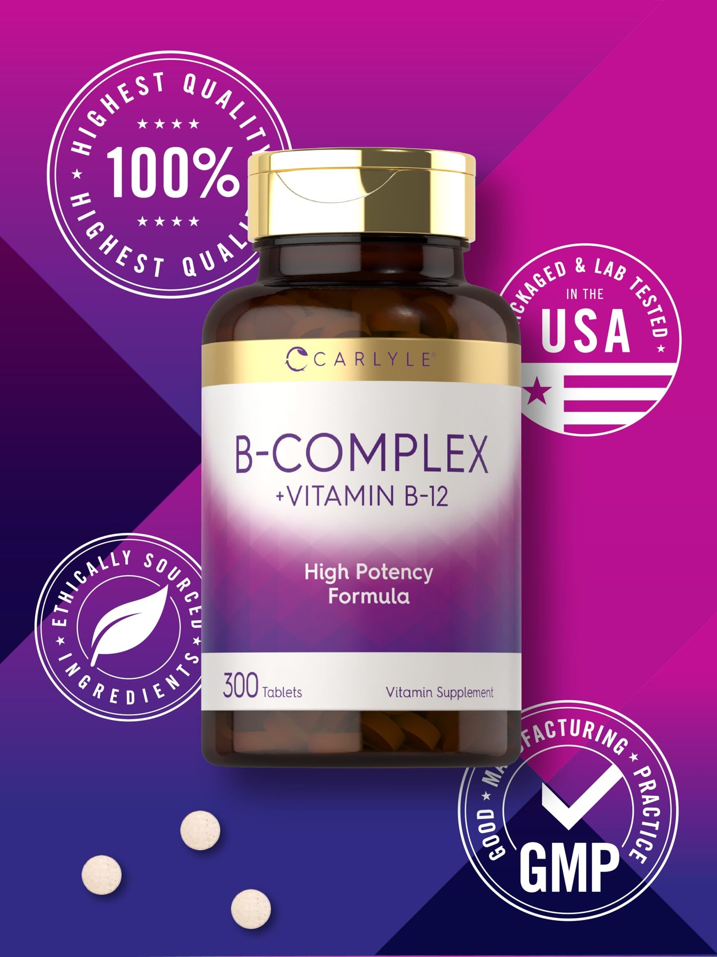 Carlyle B-Complex with B12 - 300 Tablets | High Potency, Vegetarian, Non-GMO