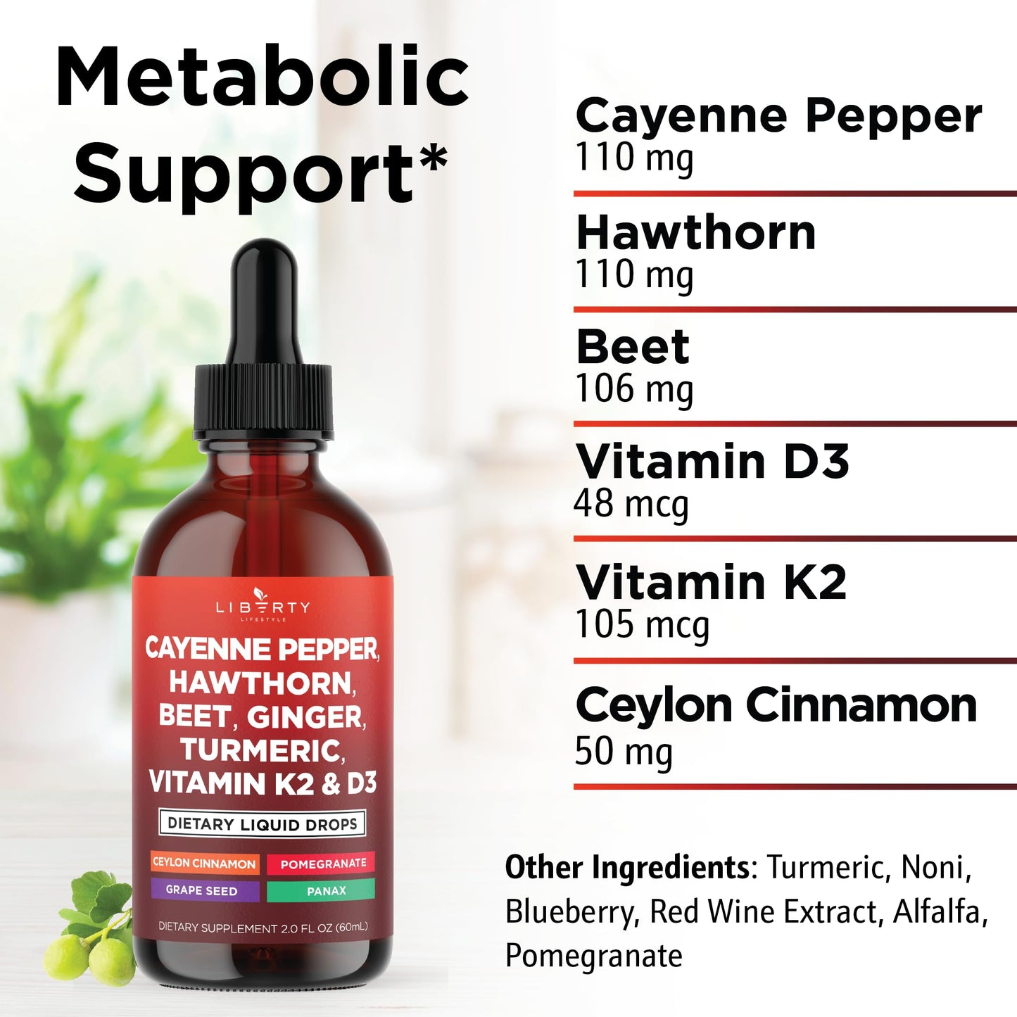 Cayenne Pepper Liquid Drops with Hawthorn Berry, D3 K2, Beet Root, Cinnamon & Turmeric - 2oz
