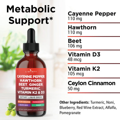 Cayenne Pepper Liquid Drops with Hawthorn Berry, D3 K2, Beet Root, Cinnamon & Turmeric - 2oz