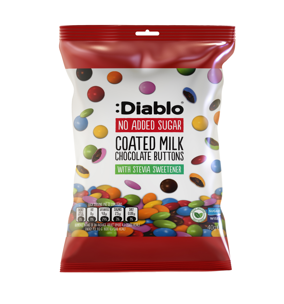 No Added Sugar Coated Milk Chocolate Buttons (40g) Diablo Sugar Free