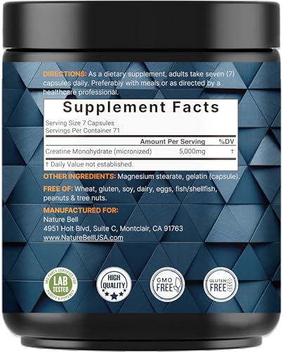 NatureBell Creatine Monohydrate Capsules – 5,000mg per Serving, 500 Count | Unflavored Micronized