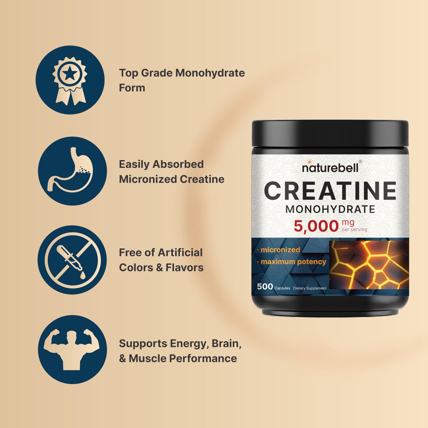 NatureBell Creatine Monohydrate Capsules – 5,000mg per Serving, 500 Count | Unflavored Micronized