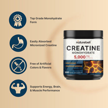 NatureBell Creatine Monohydrate Capsules – 5,000mg per Serving, 500 Count | Unflavored Micronized
