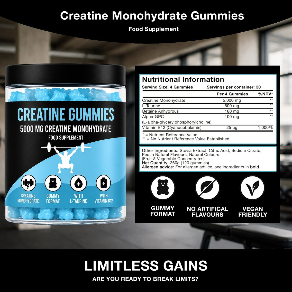 5,000 mg Creatine Gummies LIMITLESS GAINS