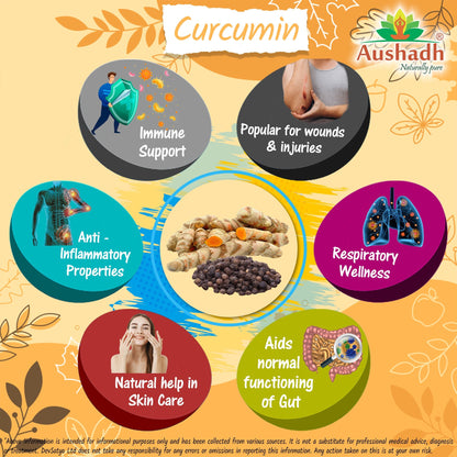 Aushadh Tumeric Curcumin with Black Pepper Capsules (Haldi) Joint Comfort & Antioxidant Support - Vegan, Gluten Free, Non-GMO, 60 Capsules