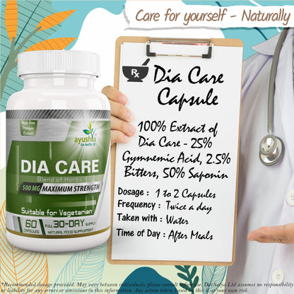 Ayushya Dia Care Capsules (Glucose Care Blend) Glucose Wellness Support - Vegan, Gluten Free, Non-GMO, 60 Capsules
