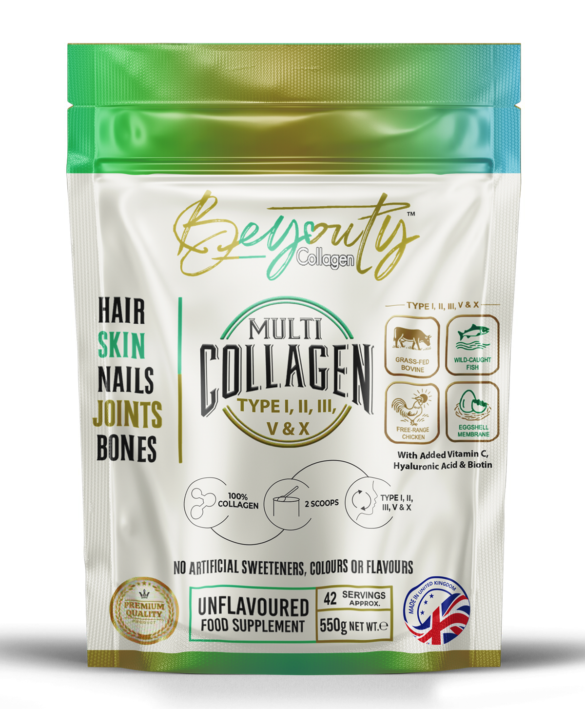 Multi 5 Types Collagen Hydrolysed Peptides TYPE I, II, III, V & X - 550G BeYouty Collagen™