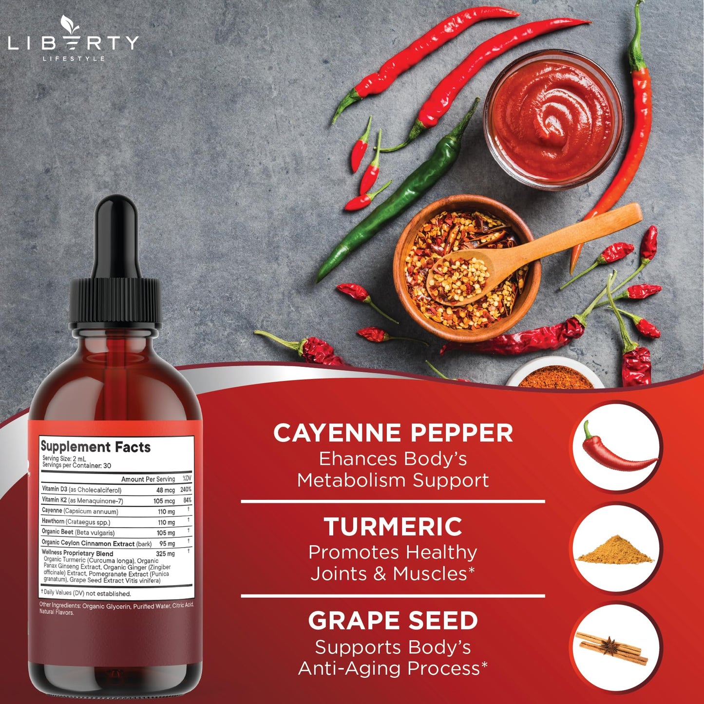 Cayenne Pepper Liquid Drops with Hawthorn Berry, D3 K2, Beet Root, Cinnamon & Turmeric - 2oz