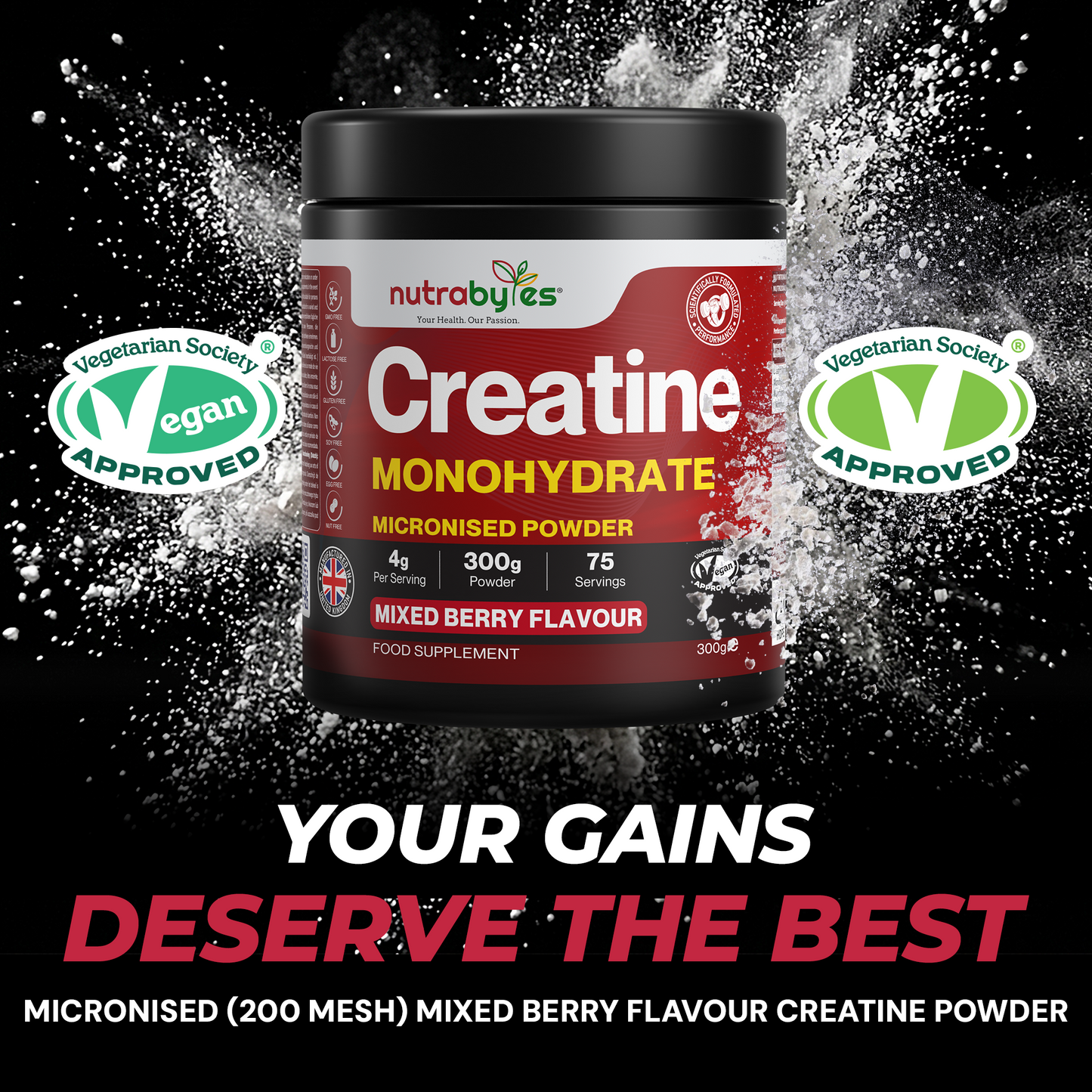 Flavoured Creatine Monohydrate Powder 300g (75 Servings) | Micronised Creatine Powder | Supplement for Women & Men | Vegan Certified