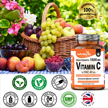 High Strength Vitamin C 1500mg and Zinc 40mg | High Strength Vegan Capsules | Advanced Immunity Support | Sugar Free | 3 Months Supply | Made in the UK