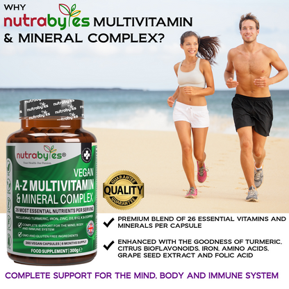 Vegan A-Z Multivitamin & Mineral Complex (26 Essential Nutrients), 360 Capsules (6 months) | Healthy Mind, Body and Immune System | Made in the UK