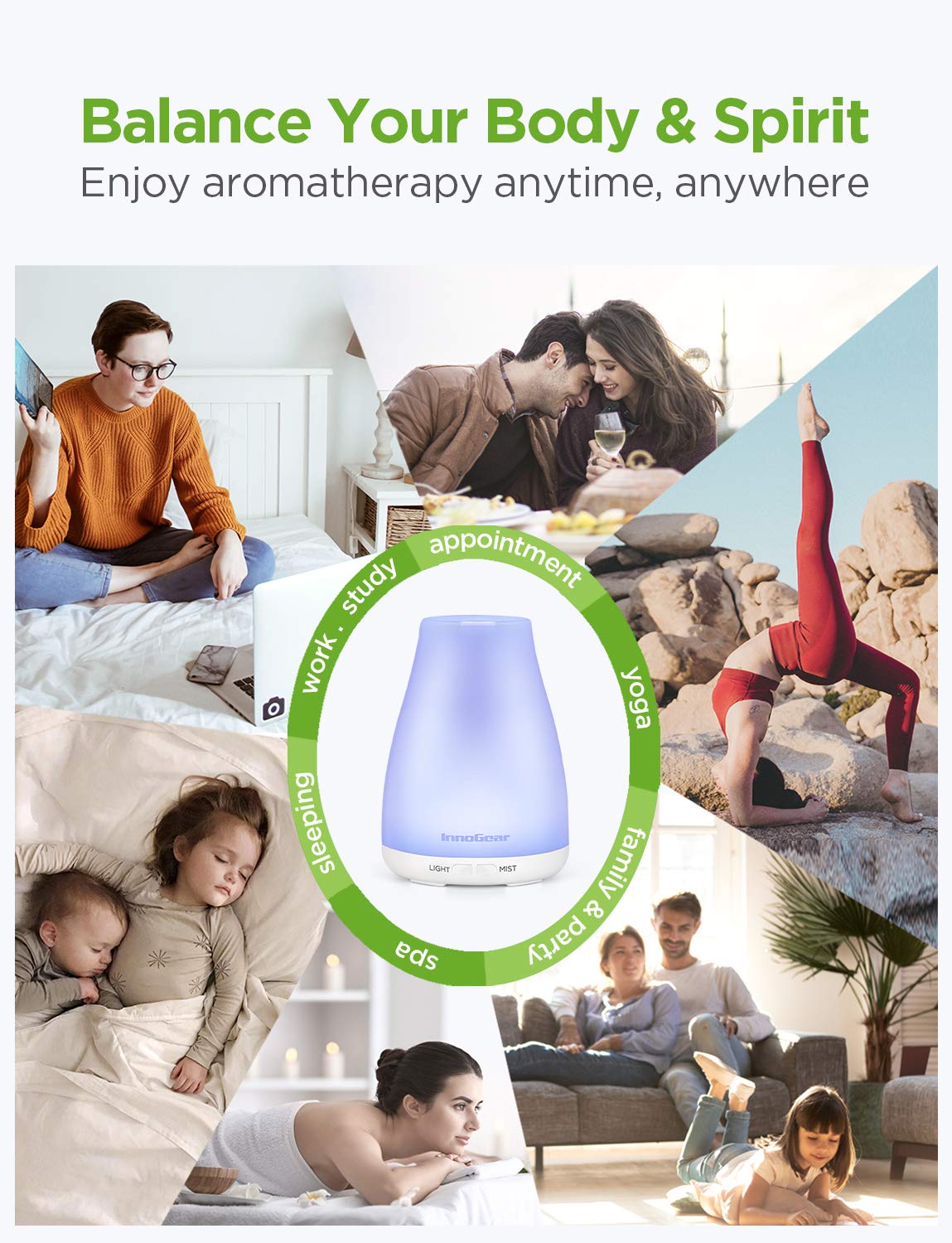 InnoGear Essential Oil Diffuser | 2-Pack Ultrasonic Diffusers for Home Aromatherapy, 7-Color LED, Auto Off