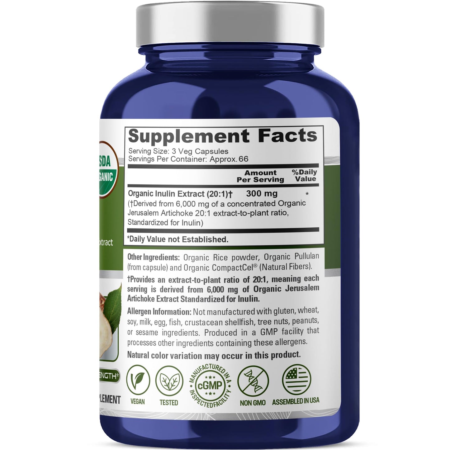 NusaPure Inulin Powder 20:1 Extract – 300 mg per Serving (equiv. 6,000 mg) | 200 Veggie Capsules | USDA Organic, Non-GMO, Vegetarian & Vegan