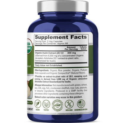 NusaPure Inulin Powder 20:1 Extract – 300 mg per Serving (equiv. 6,000 mg) | 200 Veggie Capsules | USDA Organic, Non-GMO, Vegetarian & Vegan