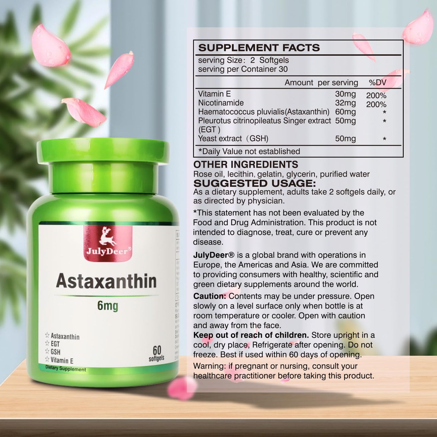 JulyDeer Astaxanthin 6 mg – 60 Softgels | Double Strength Haematococcus Pluvialis | Non-GMO