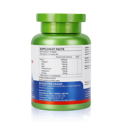 JulyDeer Krill Oil 1000 mg with Omega-3s – 120 Softgels – Antarctic, No Fishy Aftertaste