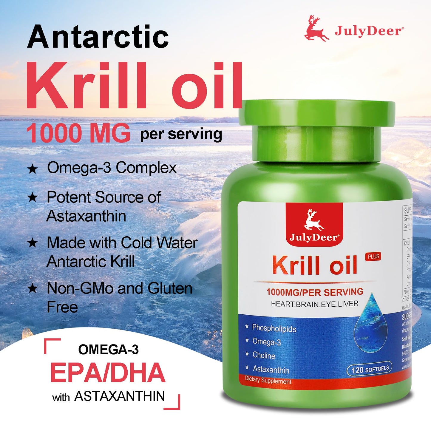 JulyDeer Krill Oil 1000 mg with Omega-3s – 120 Softgels – Antarctic, No Fishy Aftertaste