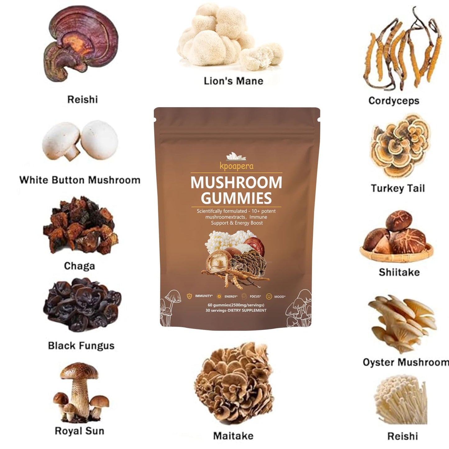 KPOAPERA Lions Mane Mushroom Gummies – 12-Mushroom Blend, 60 Chews, 2500mg/Serving, Vegan