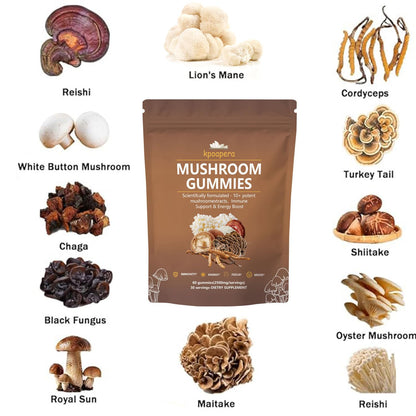 KPOAPERA Lions Mane Mushroom Gummies – 12-Mushroom Blend, 60 Chews, 2500mg/Serving, Vegan