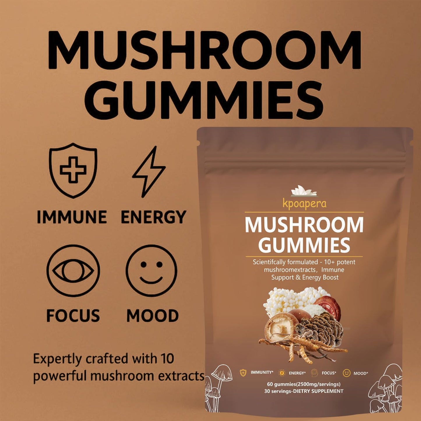 KPOAPERA Lions Mane Mushroom Gummies – 12-Mushroom Blend, 60 Chews, 2500mg/Serving, Vegan