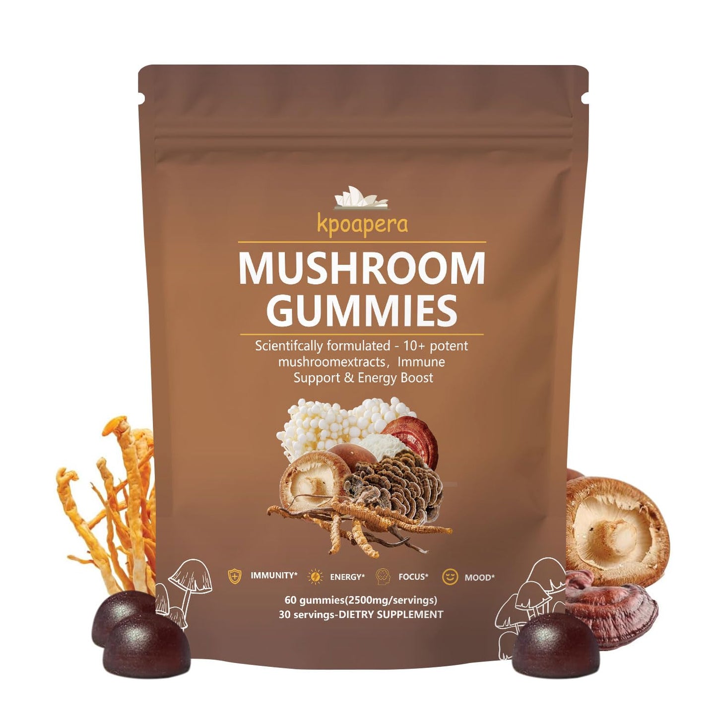 KPOAPERA Lions Mane Mushroom Gummies – 12-Mushroom Blend, 60 Chews, 2500mg/Serving, Vegan
