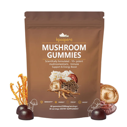 KPOAPERA Lions Mane Mushroom Gummies – 12-Mushroom Blend, 60 Chews, 2500mg/Serving, Vegan