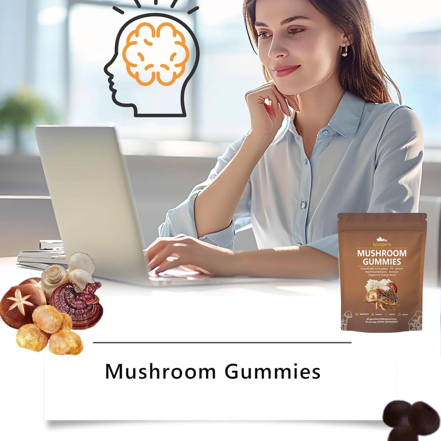 KPOAPERA Lions Mane Mushroom Gummies – 12-Mushroom Blend, 60 Chews, 2500mg/Serving, Vegan