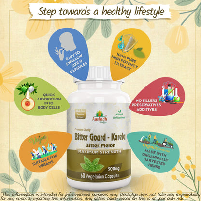 Aushadh Karela (Bitter Gourd) Capsules Glucose Wellness Support - Vegan, Gluten Free, Non-GMO, 60 Capsules