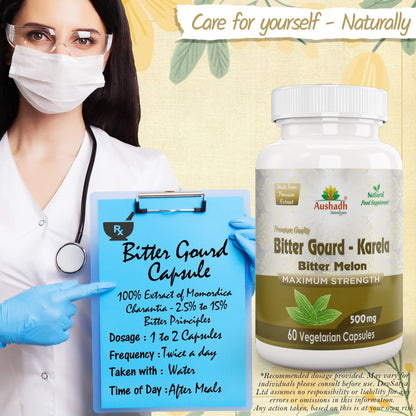 Aushadh Karela (Bitter Gourd) Capsules Glucose Wellness Support - Vegan, Gluten Free, Non-GMO, 60 Capsules