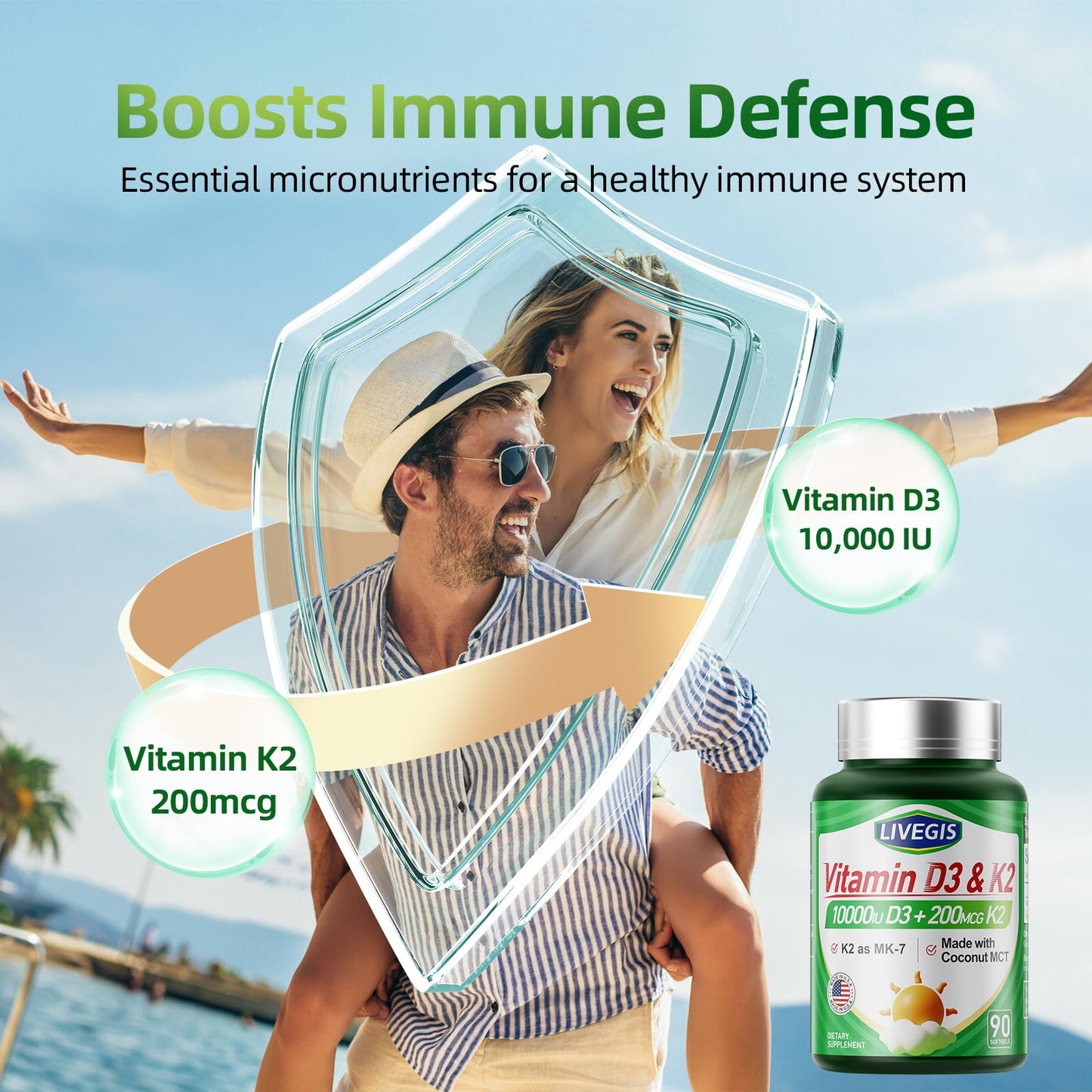 LIVEGIS Vitamin D3 K2 Softgels - 10000 IU D3 + 200 mcg MK-7 with Coconut Oil, 90 Count