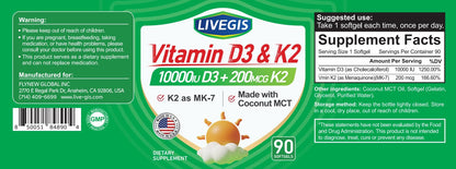 LIVEGIS Vitamin D3 K2 Softgels - 10000 IU D3 + 200 mcg MK-7 with Coconut Oil, 90 Count