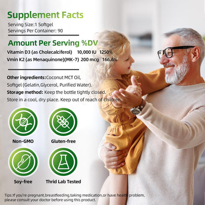 LIVEGIS Vitamin D3 K2 Softgels - 10000 IU D3 + 200 mcg MK-7 with Coconut Oil, 90 Count