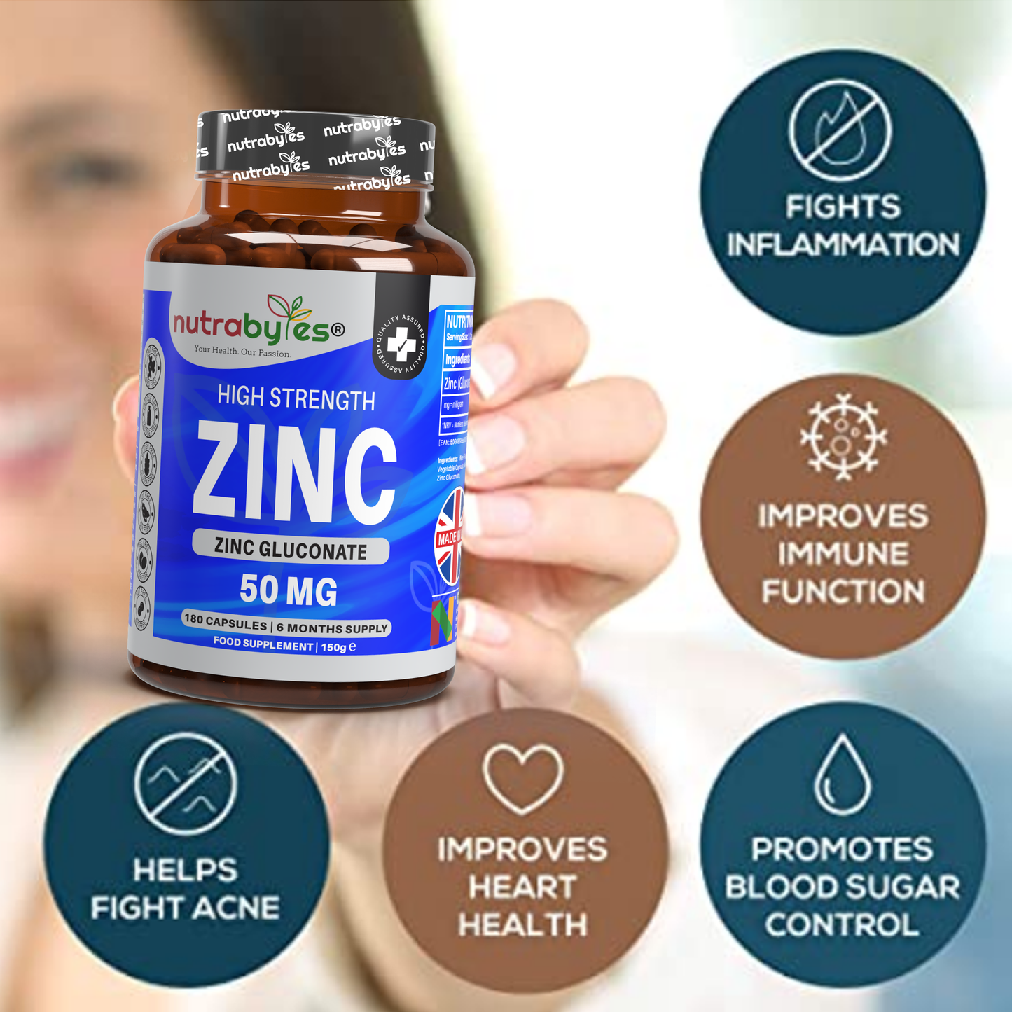 Zinc (Gluconate) 50mg | Maximum Strength, Pure Zinc Capsules | 180 Vegan Capsules | 6 Months Supply | Immunity Support, Eye & Skin Health | Made in the UK